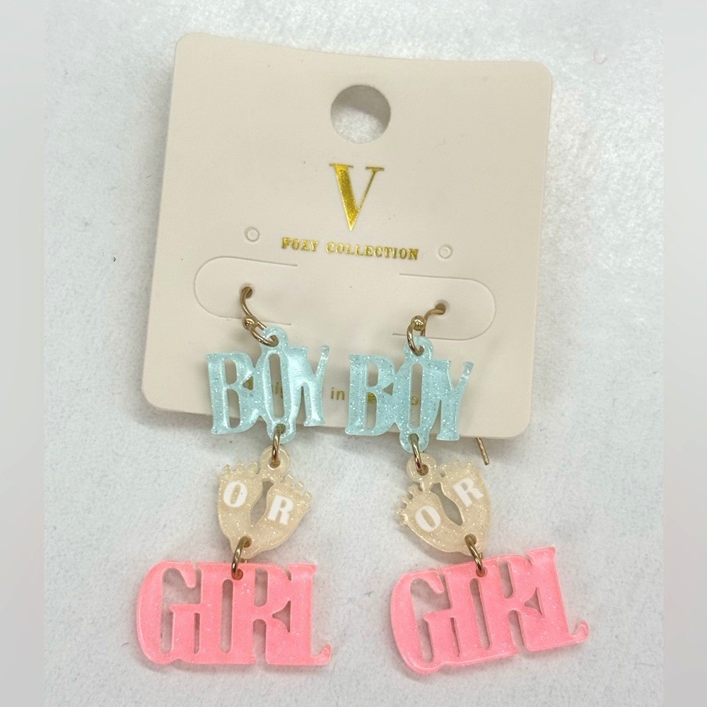 It's a Boy or Girl! Pink Blue Gender Reveal Baby Shower Party Earrings Dangles
